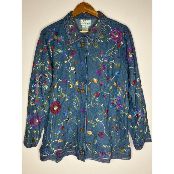 The Quacker Factory Women's Medium Chambray Beaded Embroidered Shirt New - Picture 1 of 16